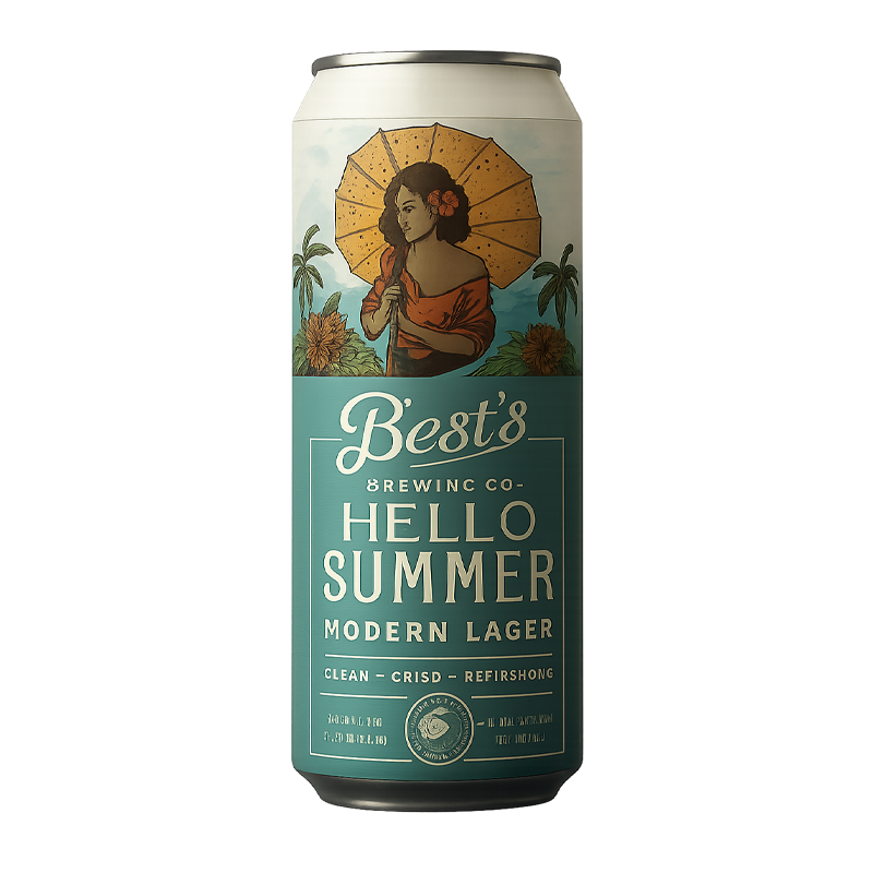 Can of Best's Brewing Co. Hello Summer Modern Lager. Woman under umbrella, turquoise label.