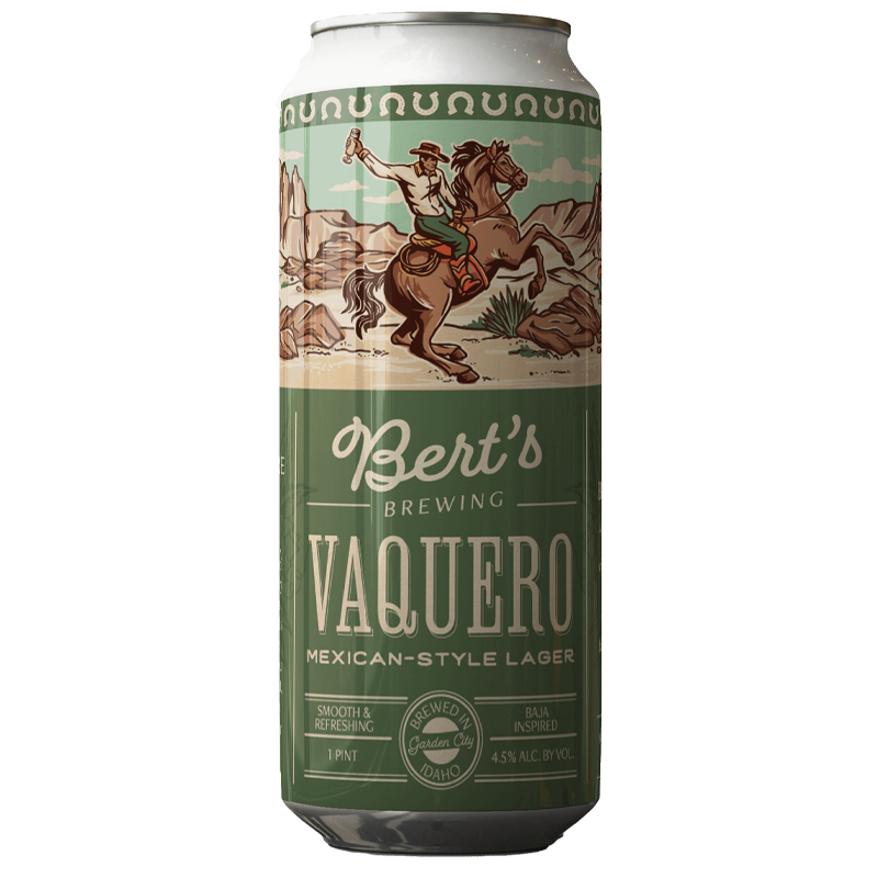 Beer can: Bert's Brewing Vaquero Mexican-Style Lager. Cowboy on horseback, green and tan label.