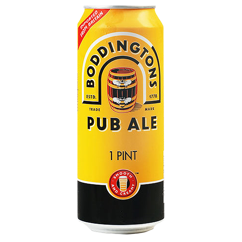 Boddington's Pub Ale beer can. Yellow and black label, with barrel graphic, says 
