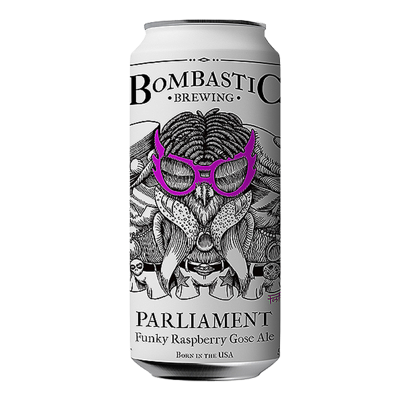 Can of Parliament Funky Raspberry Gose Ale by Bombastic Brewing. White can, illustration of a creature wearing pink glasses.