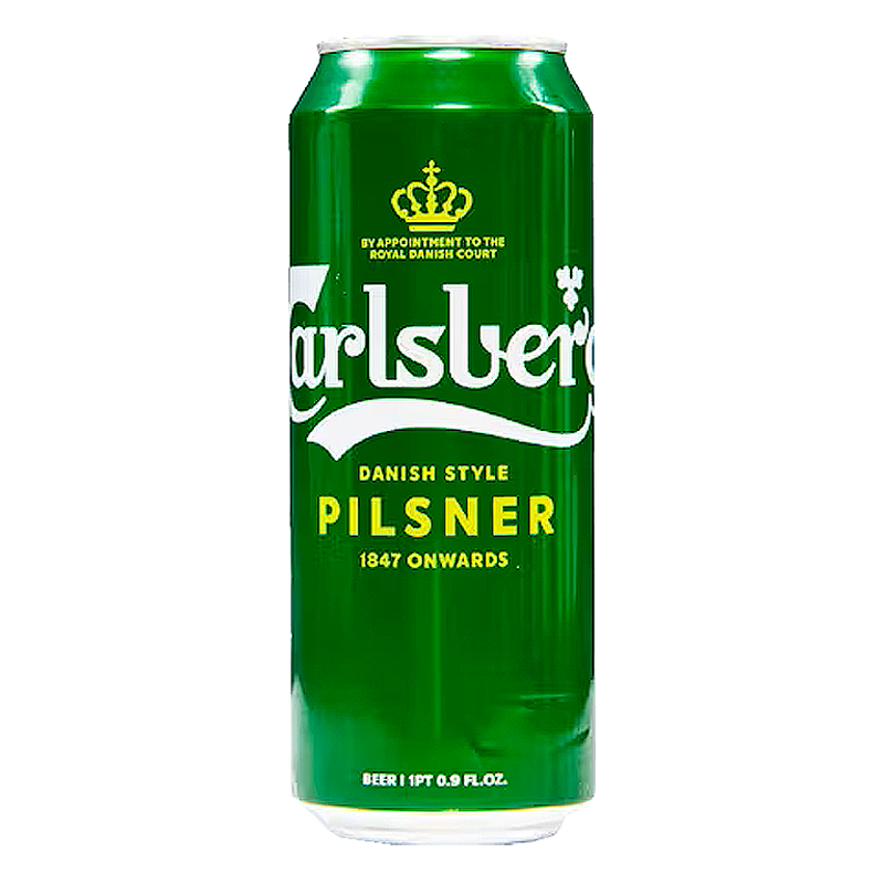 Green Carlsberg beer can with logo and text.