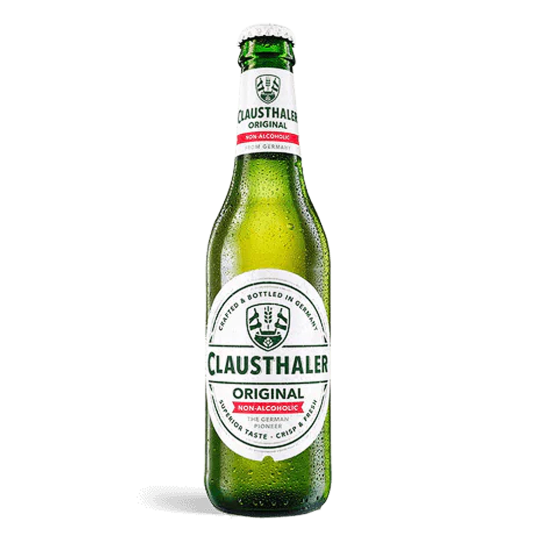 Clausthaler Original non-alcoholic beer bottle; green glass, white label, red accents.