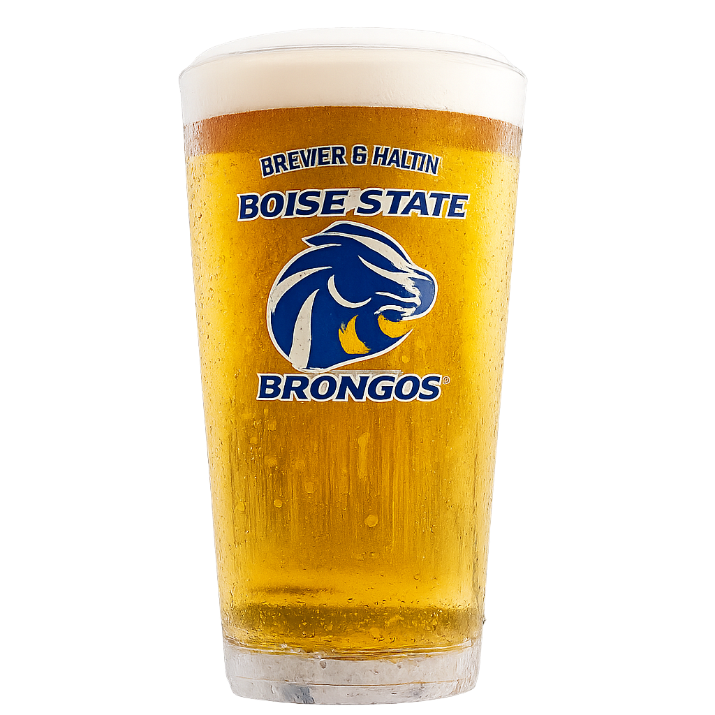 Glass of beer featuring the Boise State Broncos logo.