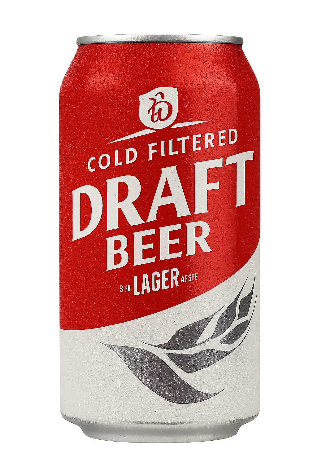 Red and white beer can labeled 