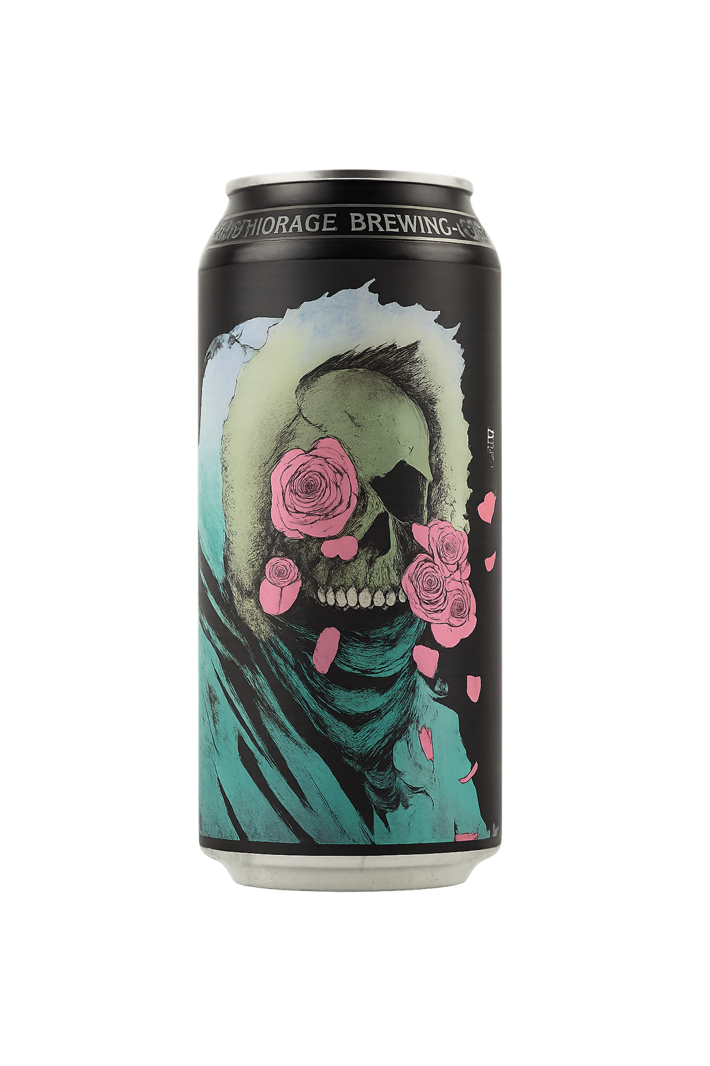 Beer can with a skull adorned with pink roses on a dark background.