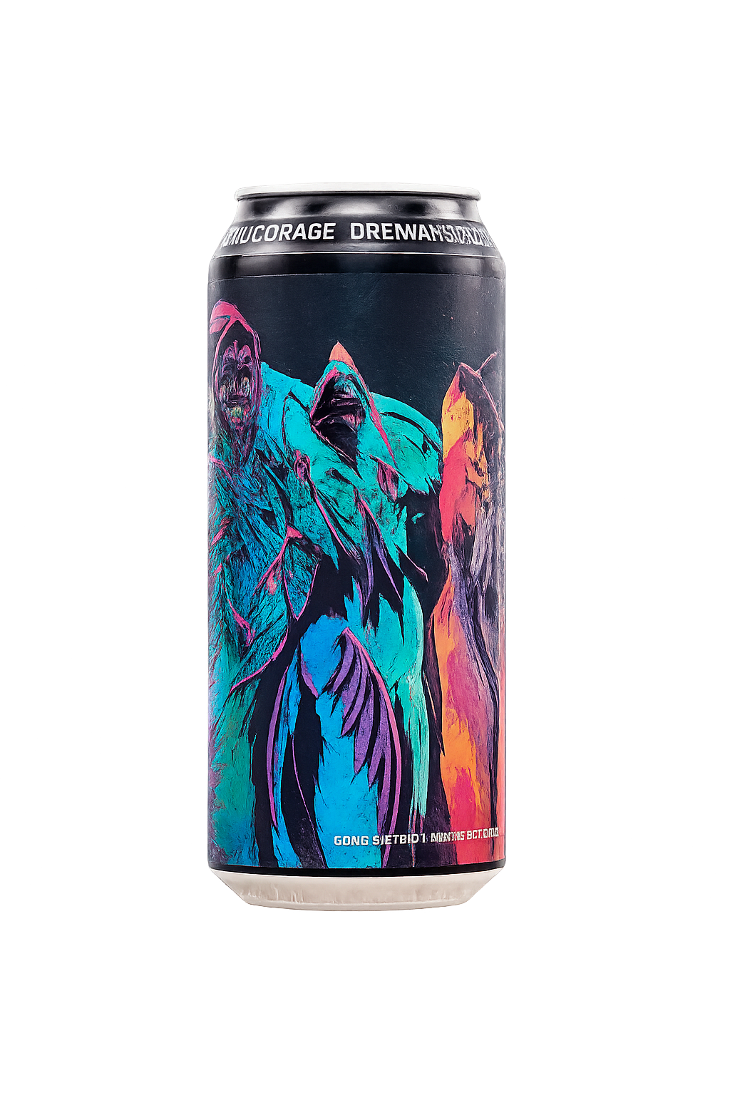 Can of craft beer with colorful, pixelated mountain illustration on a dark background.