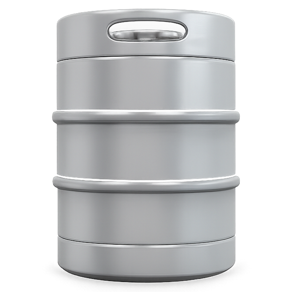 Silver beer keg with two handles, on a white background.