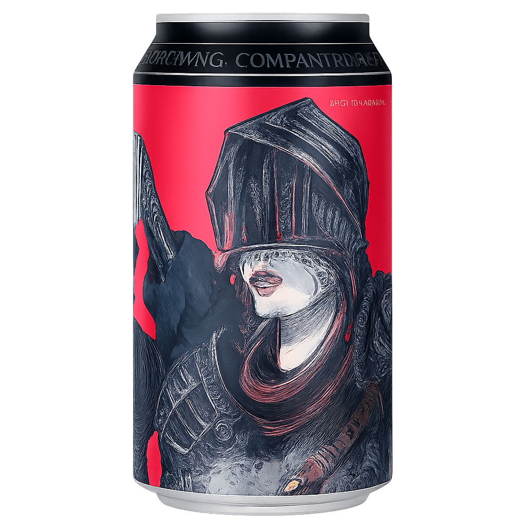 Beer can with knight artwork, red background. Black and gray tones.