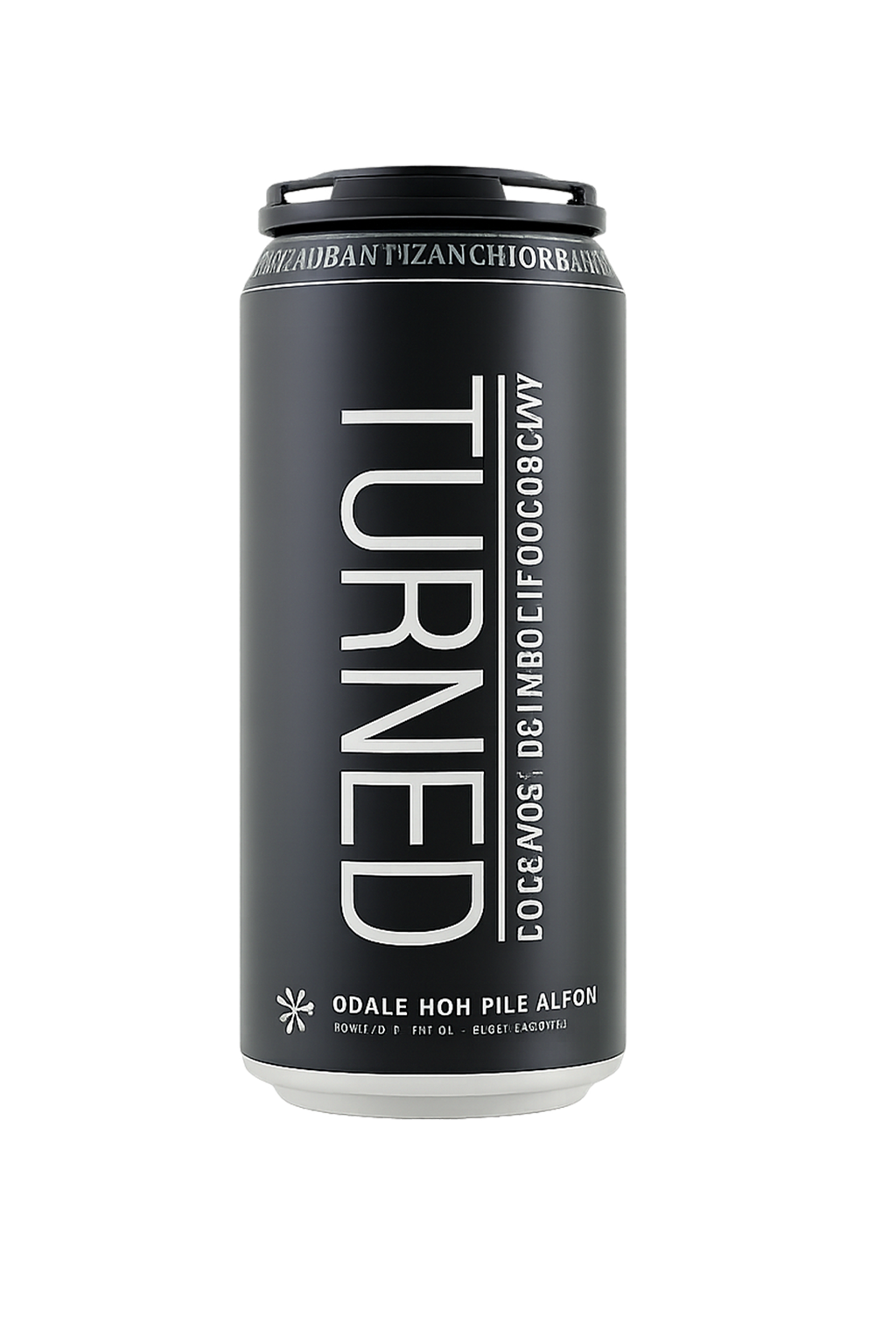 Black beverage can labeled 