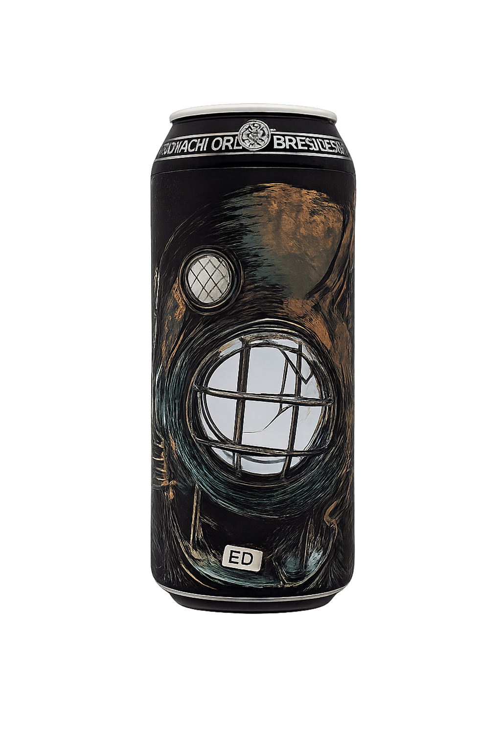 Beer can with a diver's helmet design on a black background.