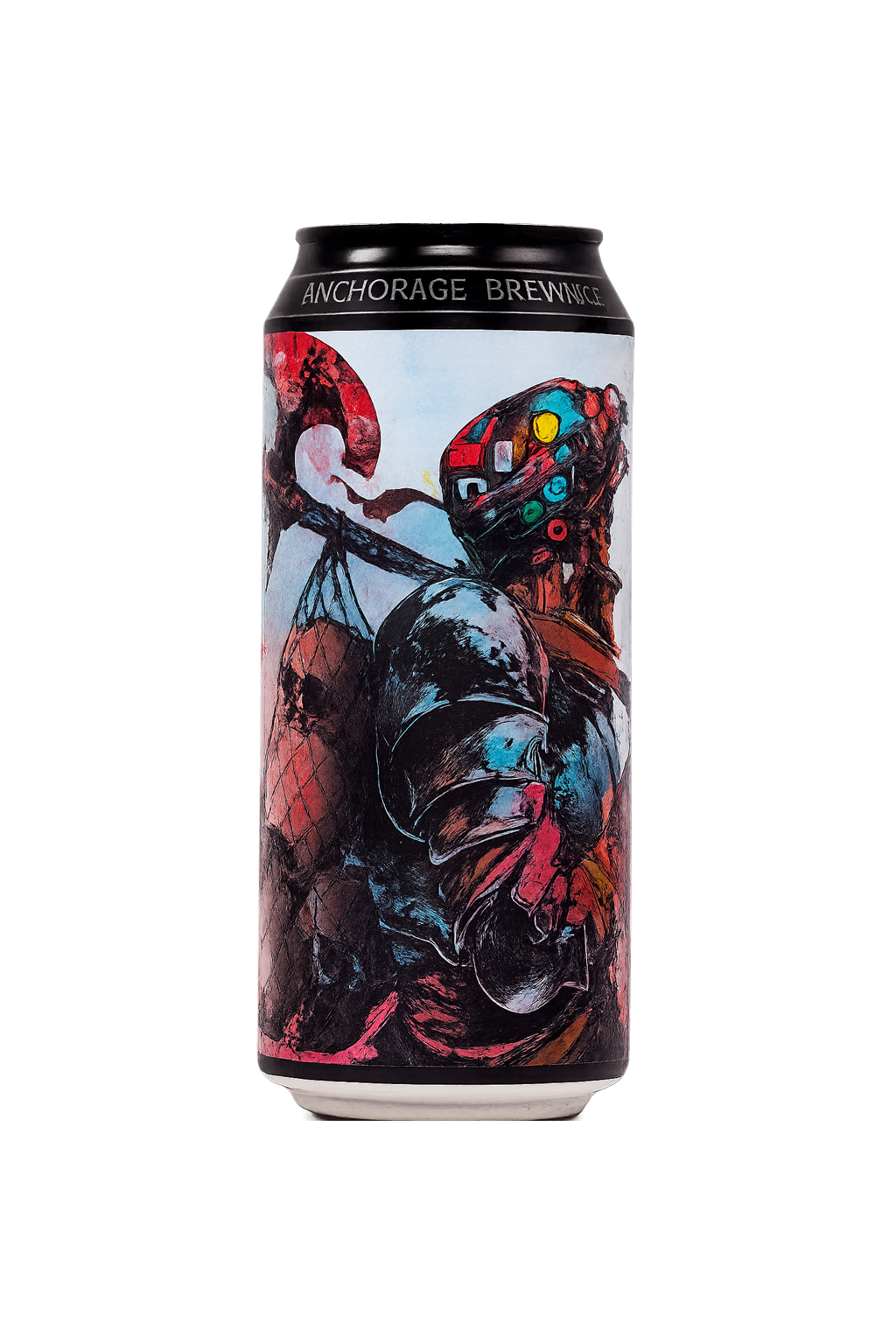 Can of Anchorage Brewing beer with colorful abstract artwork of a figure.