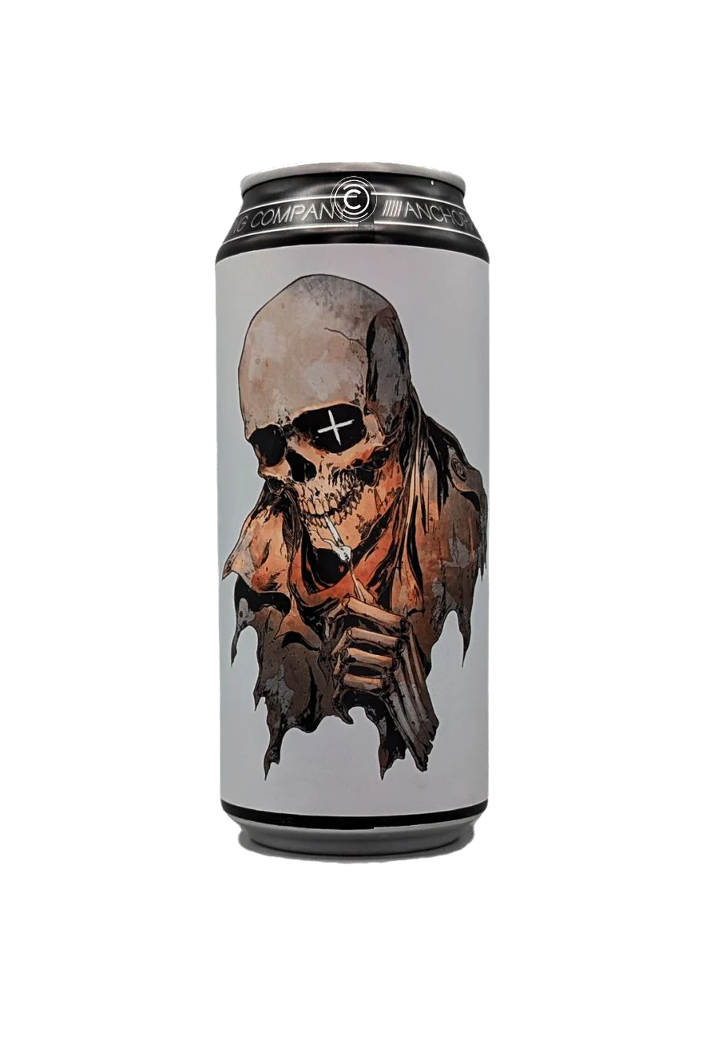 Can of beer with a skull graphic; gray, brown, and black. Skull holding a gun, wearing torn clothing.