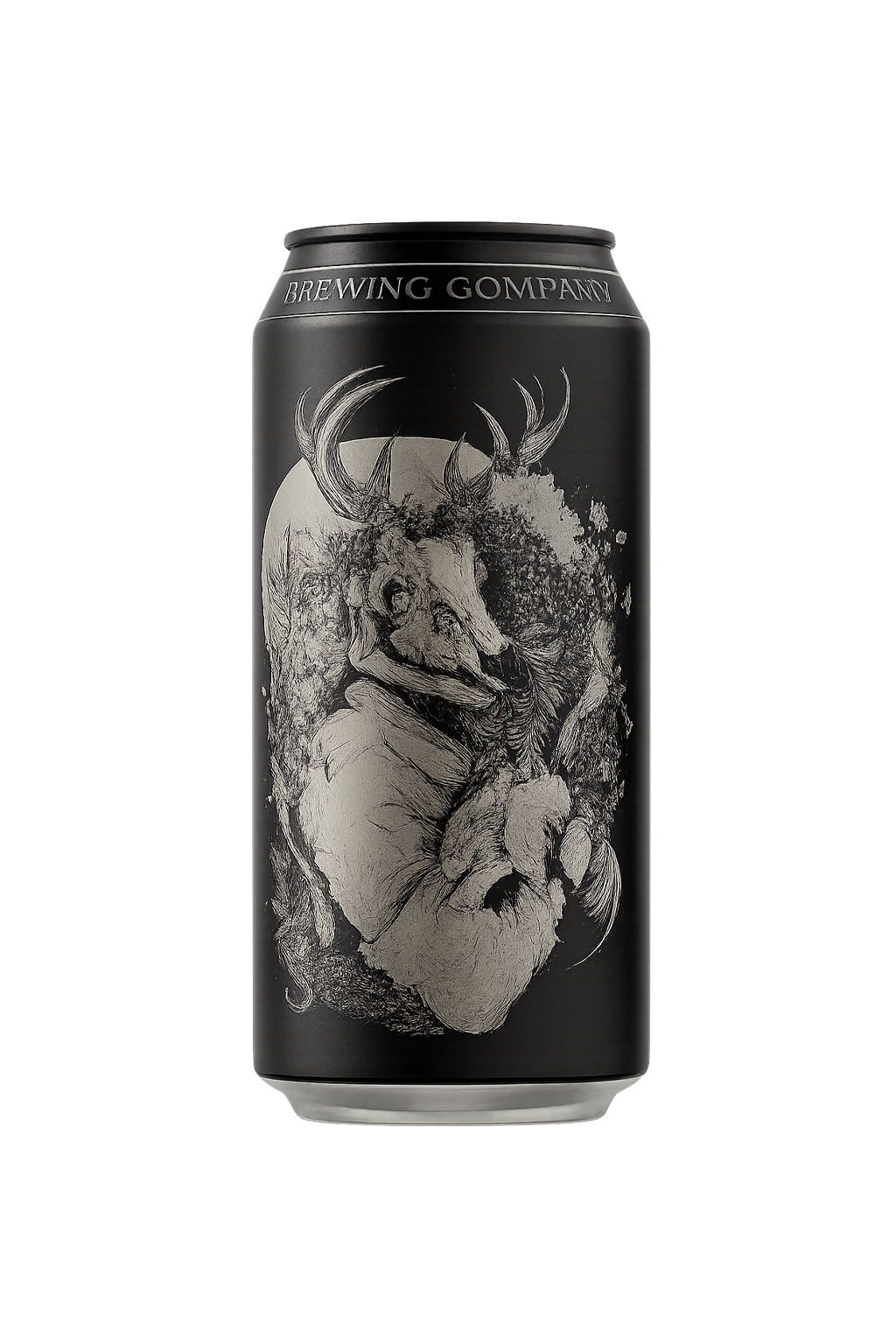 Black beer can with a deer illustration in silver.
