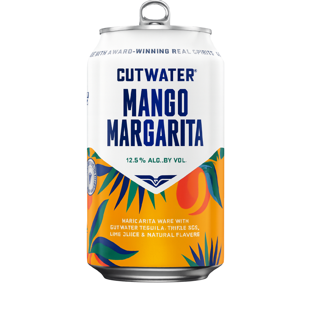 Cutwater Mango Margarita can, white and orange label, blue text, 12.5% ABV, tropical design.
