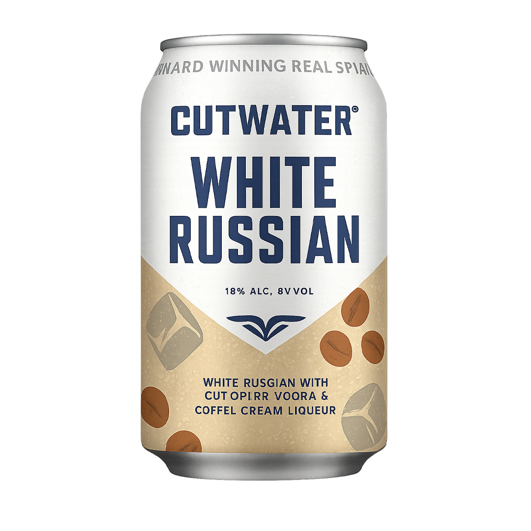 Can of Cutwater White Russian cocktail, white and tan label, with coffee beans and ice cubes.