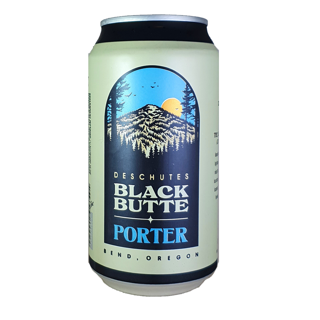 Can of Deschutes Black Butte Porter beer with a mountain scene label.