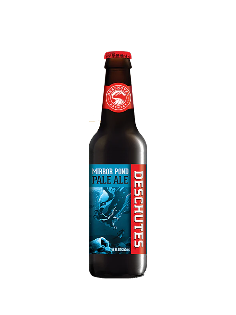 Bottle of Deschutes Mirror Pond Pale Ale. Red label with blue imagery of fish, brown bottle, red cap.