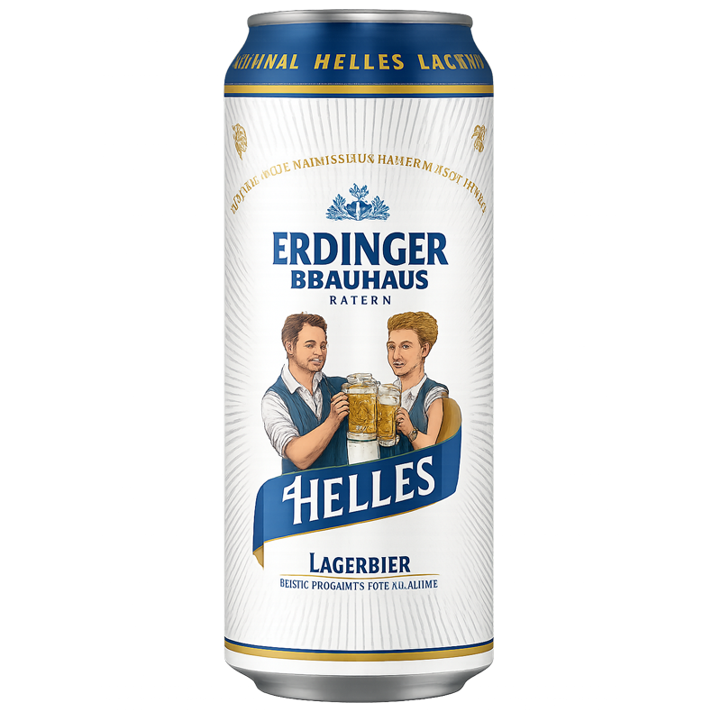 Can of Erdinger Bauhaus Helles Lagerbier with cartoon figures holding mugs. White and blue label.