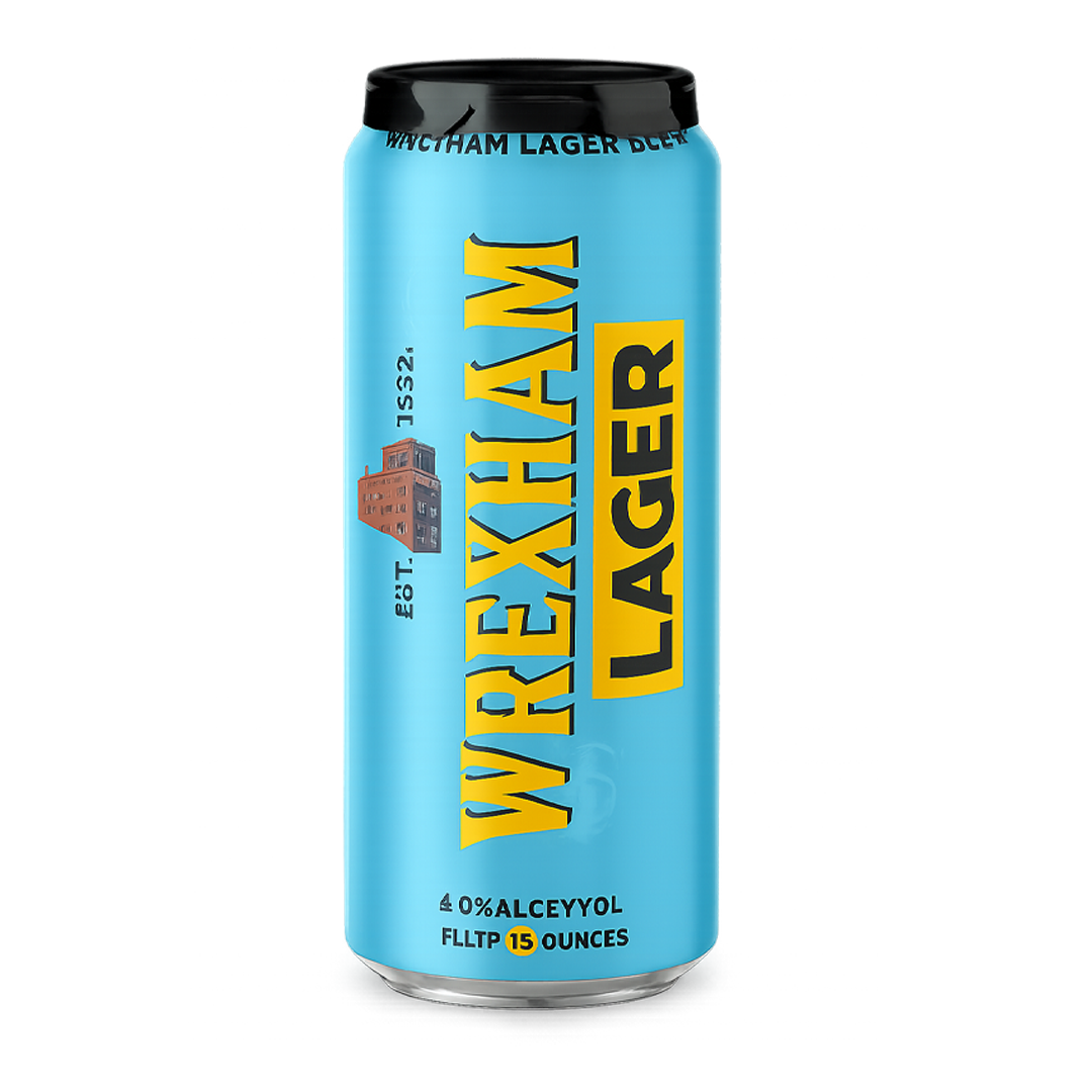 A can of Wrexham Lager beer in light blue with yellow and black lettering.