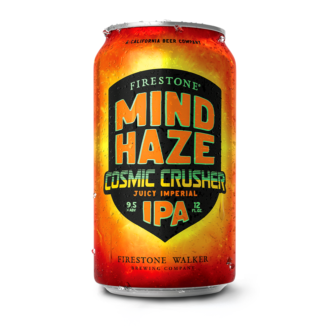Can of Firestone Mind Haze Cosmic Crusher IPA; orange and yellow background.