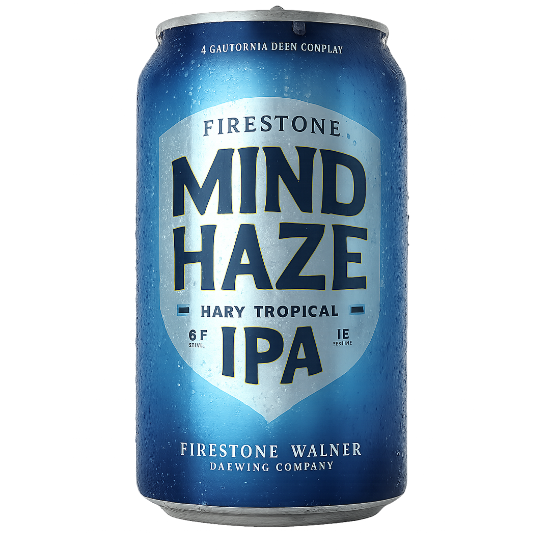 Can of Firestone Mind Haze Hazy Tropical IPA beer, blue with white label and condensation.