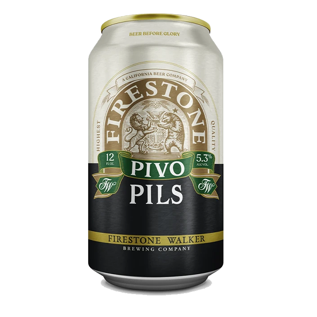 Firestone Pivo Pils beer can. Silver and black label with gold accents; ABV 5.3%.