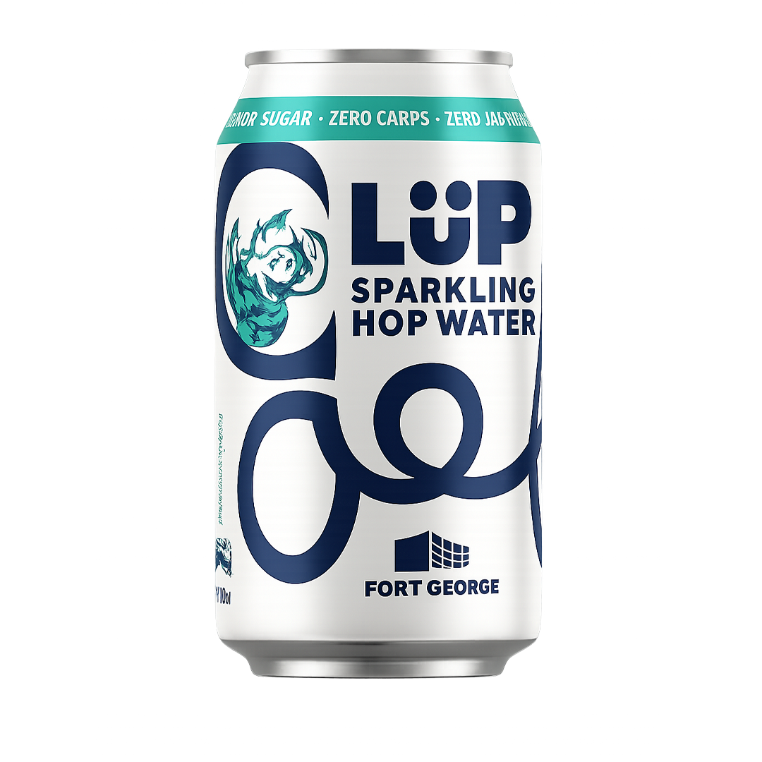 Can of Lüp Sparkling Hop Water, white with blue text and design. 