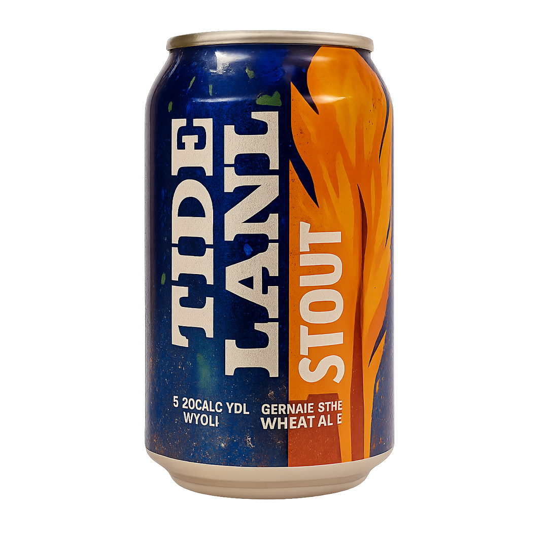 Can of Tide Lane Stout beer, blue and orange label.