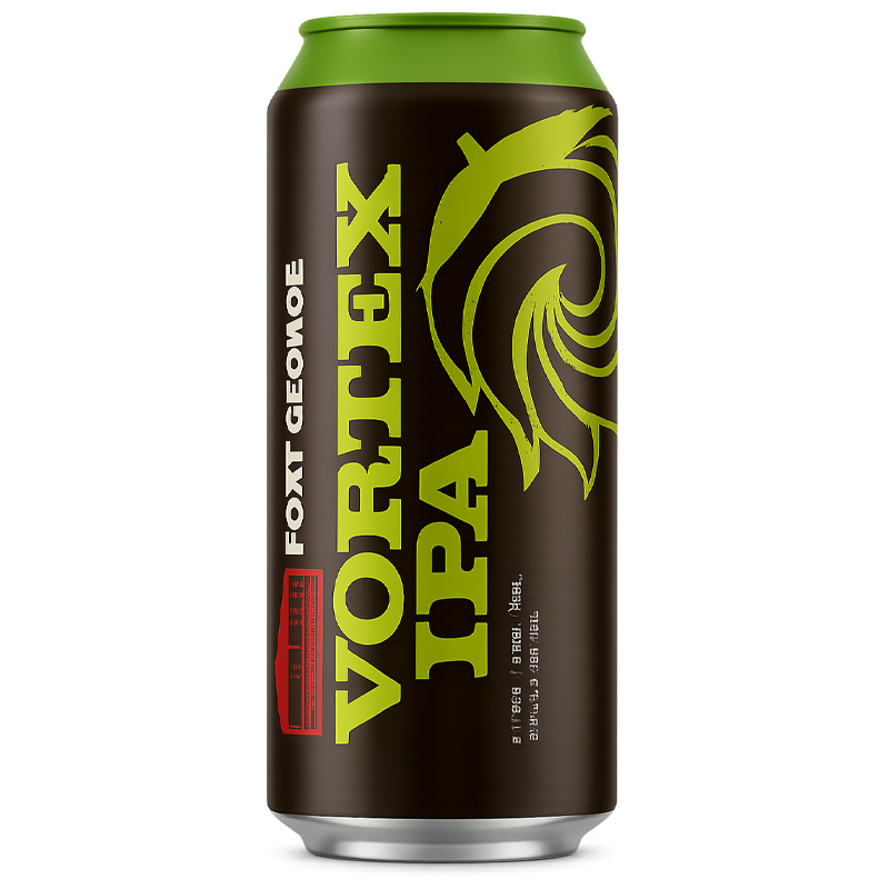 Can of Fort George Vortex IPA, dark with green accents.