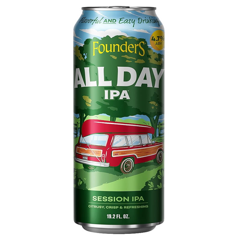 Can of Founders All Day IPA session beer, green and red label with cartoon wood-paneled station wagon.
