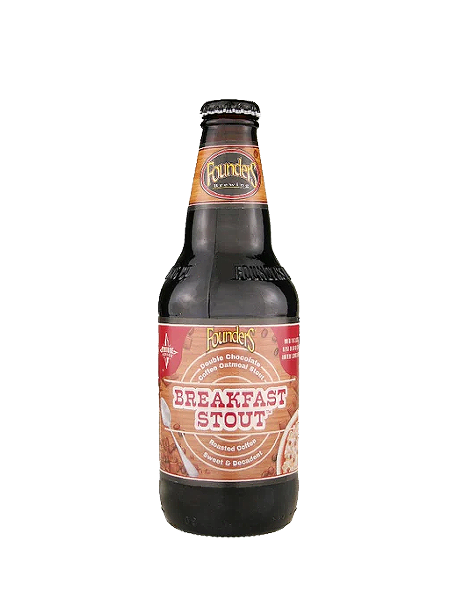 Bottle of Founders Breakfast Stout beer. Dark glass bottle with brown label.