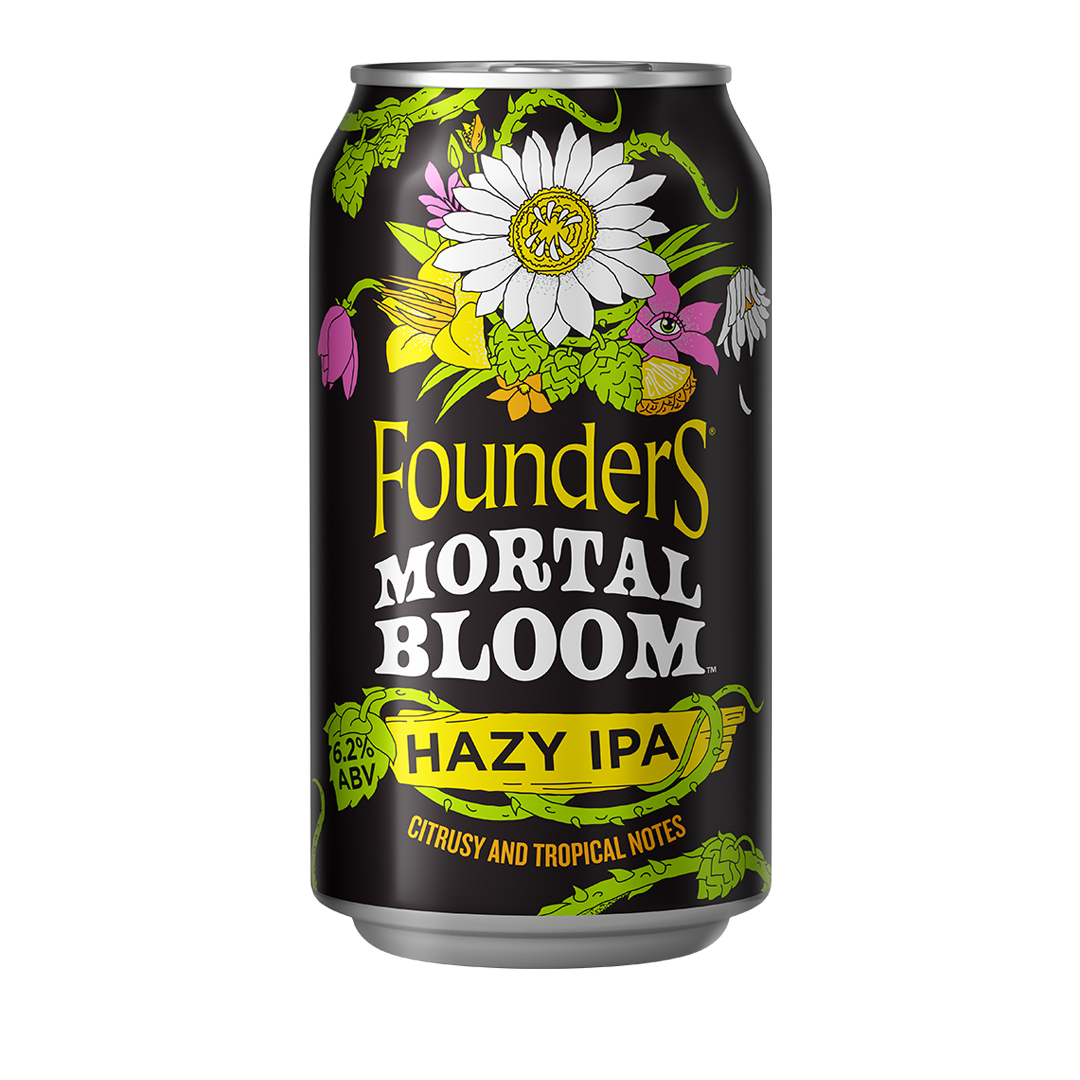 Can of Founders Mortal Bloom Hazy IPA beer, black with floral design and yellow text.