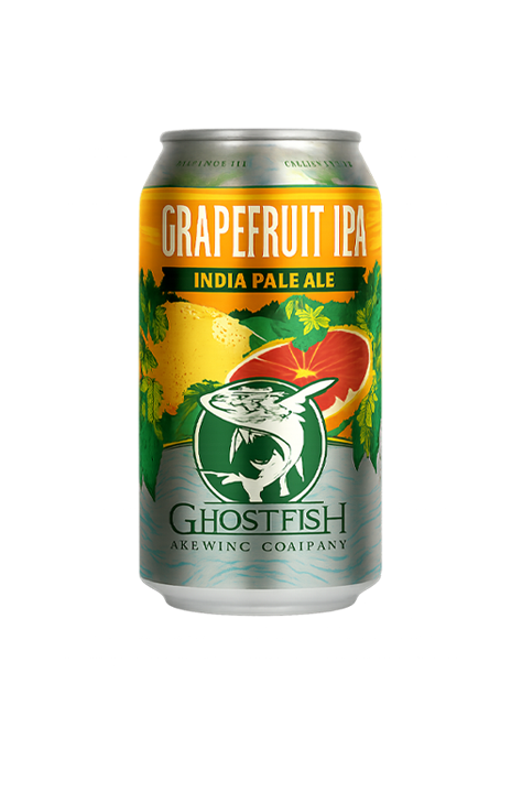 Can of Ghostfish Brewing Company Grapefruit IPA, with grapefruit graphic.