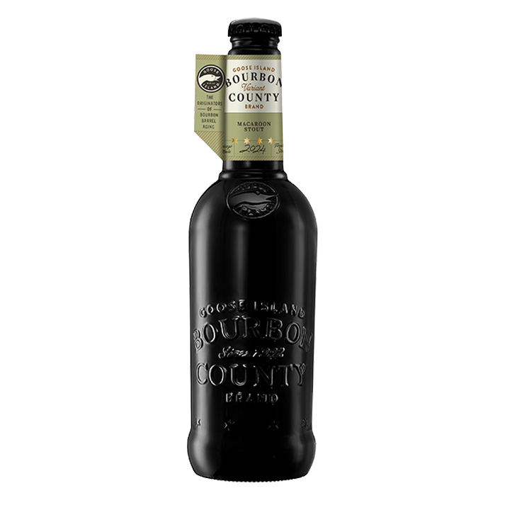Bottle of Goose Island Bourbon County Stout beer. Black bottle with a gold label.
