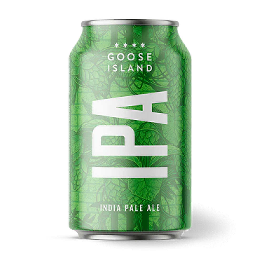 Green can of Goose Island IPA beer, featuring white 