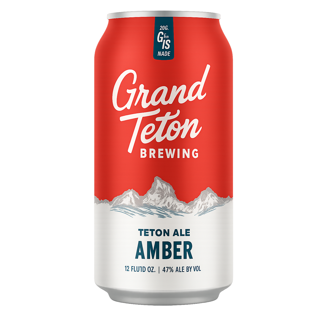 Can of Grand Teton Brewing Teton Ale. Red and white can with mountain graphic and 