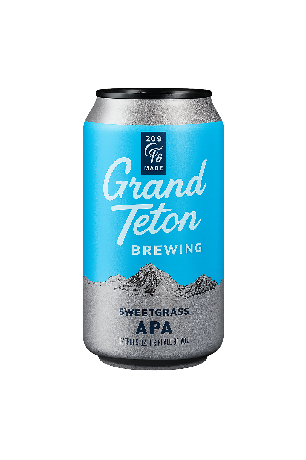 Can of Grand Teton Brewing Sweetgrass APA; light blue background, mountain image, text.
