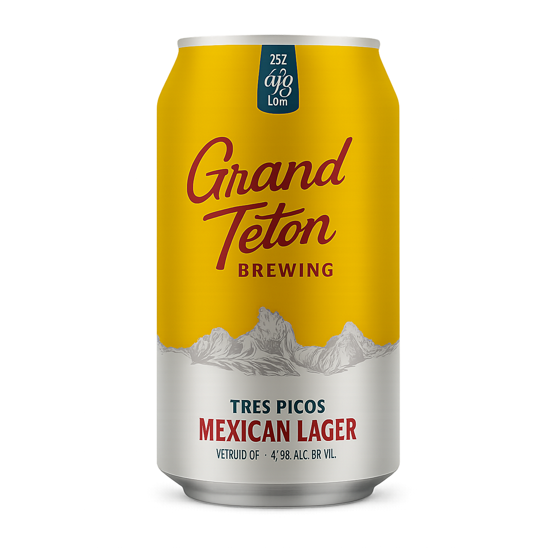 Yellow Grand Teton Brewing beer can with red text and a mountain illustration. 