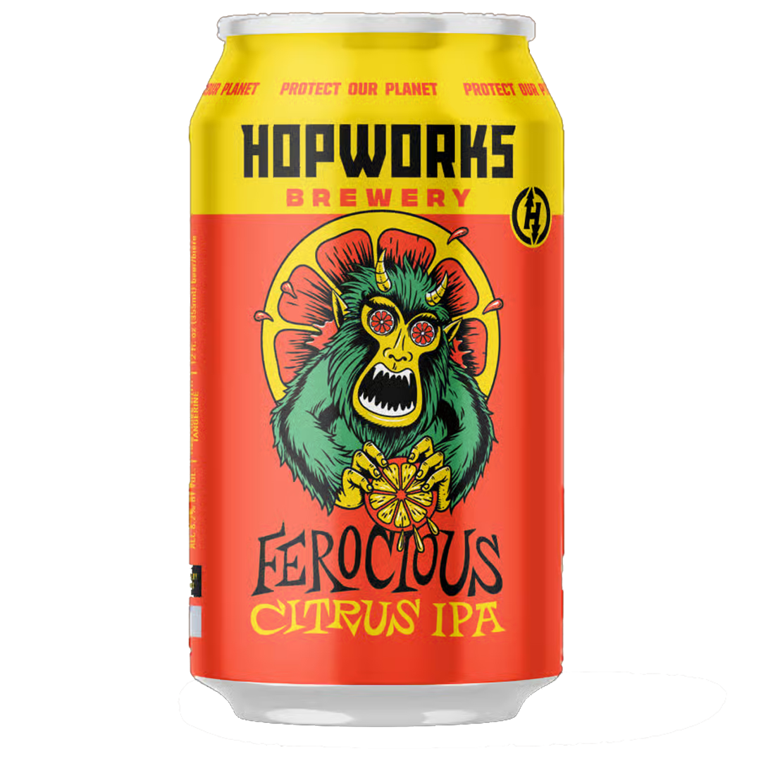 Beer can with a green monster holding a citrus fruit. 