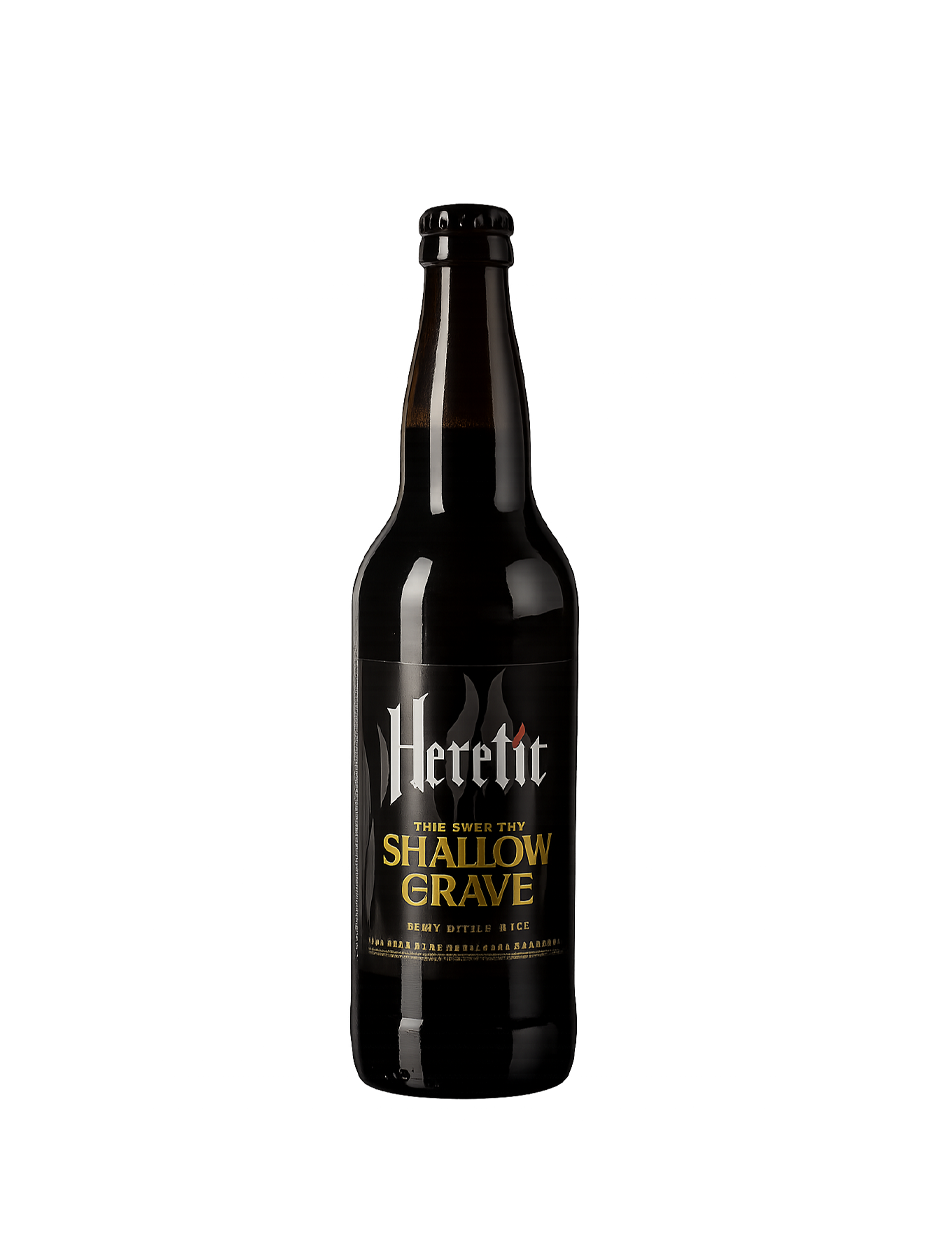 Bottle of Heretic Shallow Grave beer with a black and gold label.