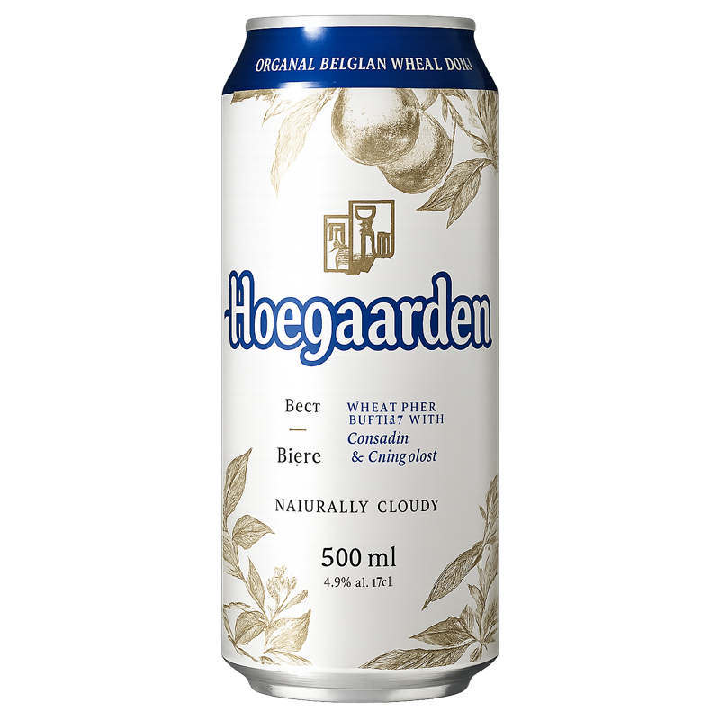 Hoegaarden beer can, white with blue top. Text in several languages, wheat sprigs and fruit decoration, 500 ml.
