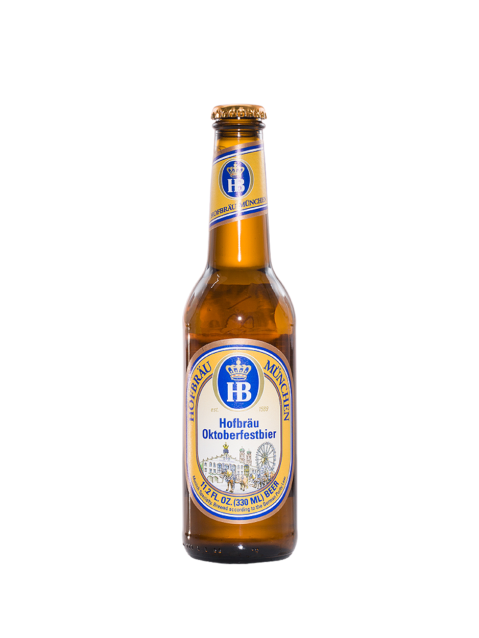 Bottle of Hofbräu beer. Golden beer in a brown bottle with a blue and white label and a gold cap.
