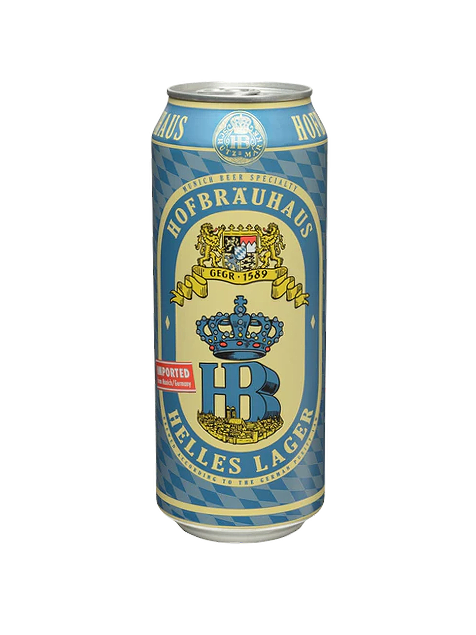 Can of Hofbräuhaus Helles Lager beer in blue and gold colors.