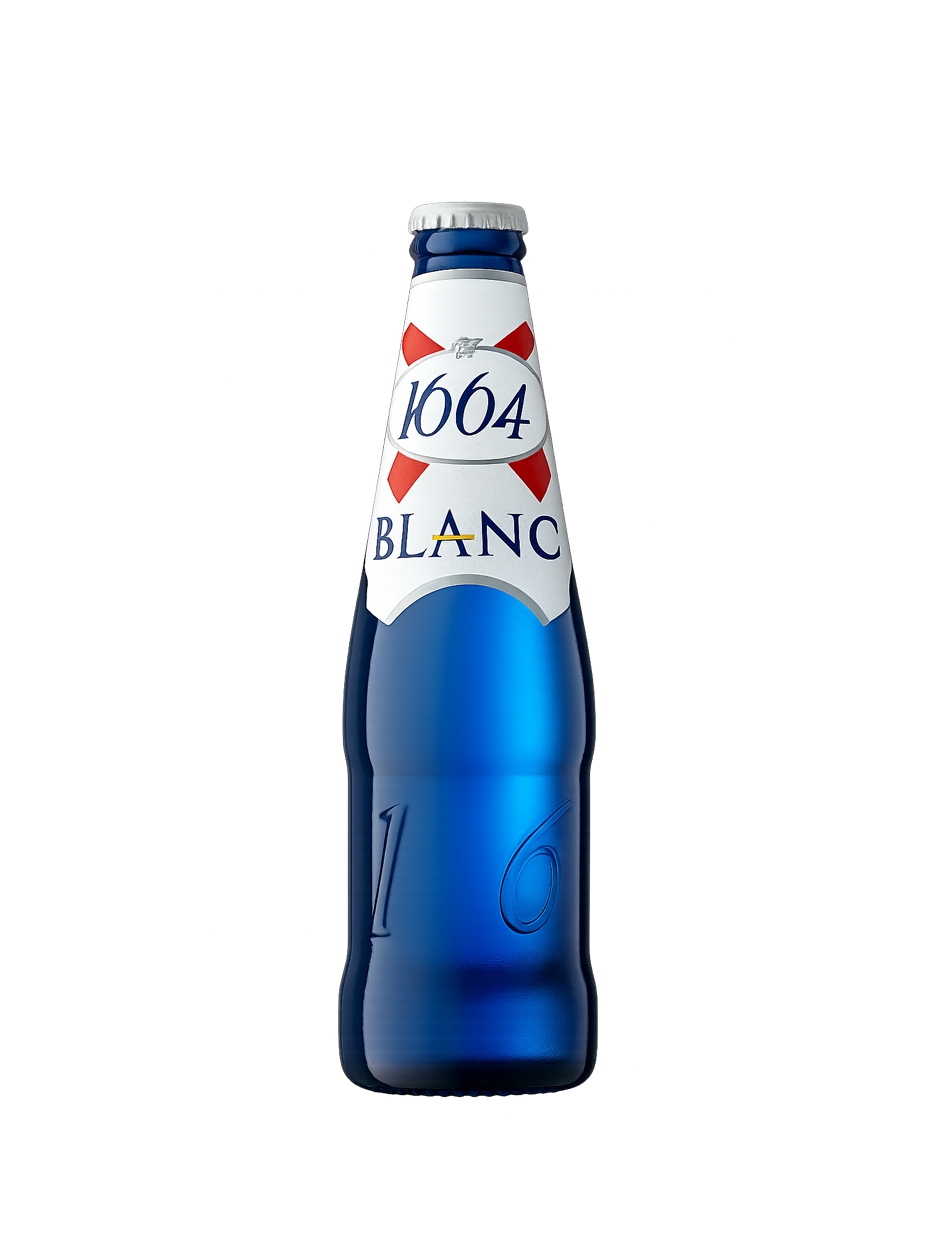 Blue 1664 Blanc beer bottle with white and red label.