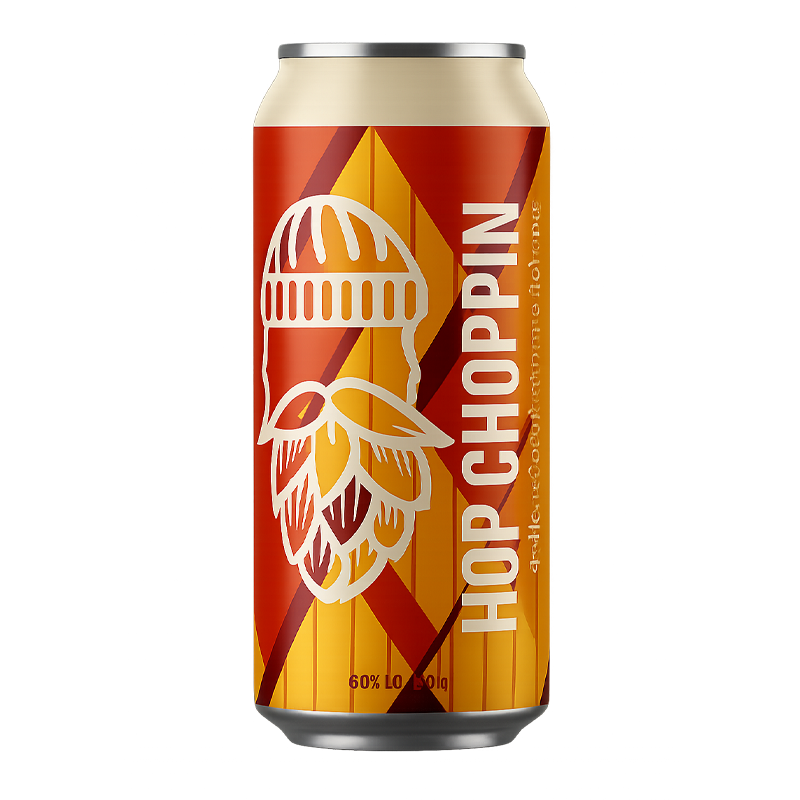 Beer can with a red and yellow design; says 