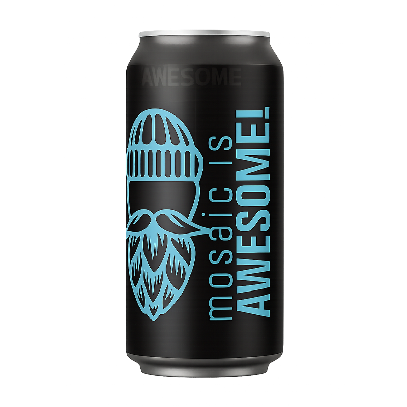 Black beer can with blue graphic of hop beard and text 
