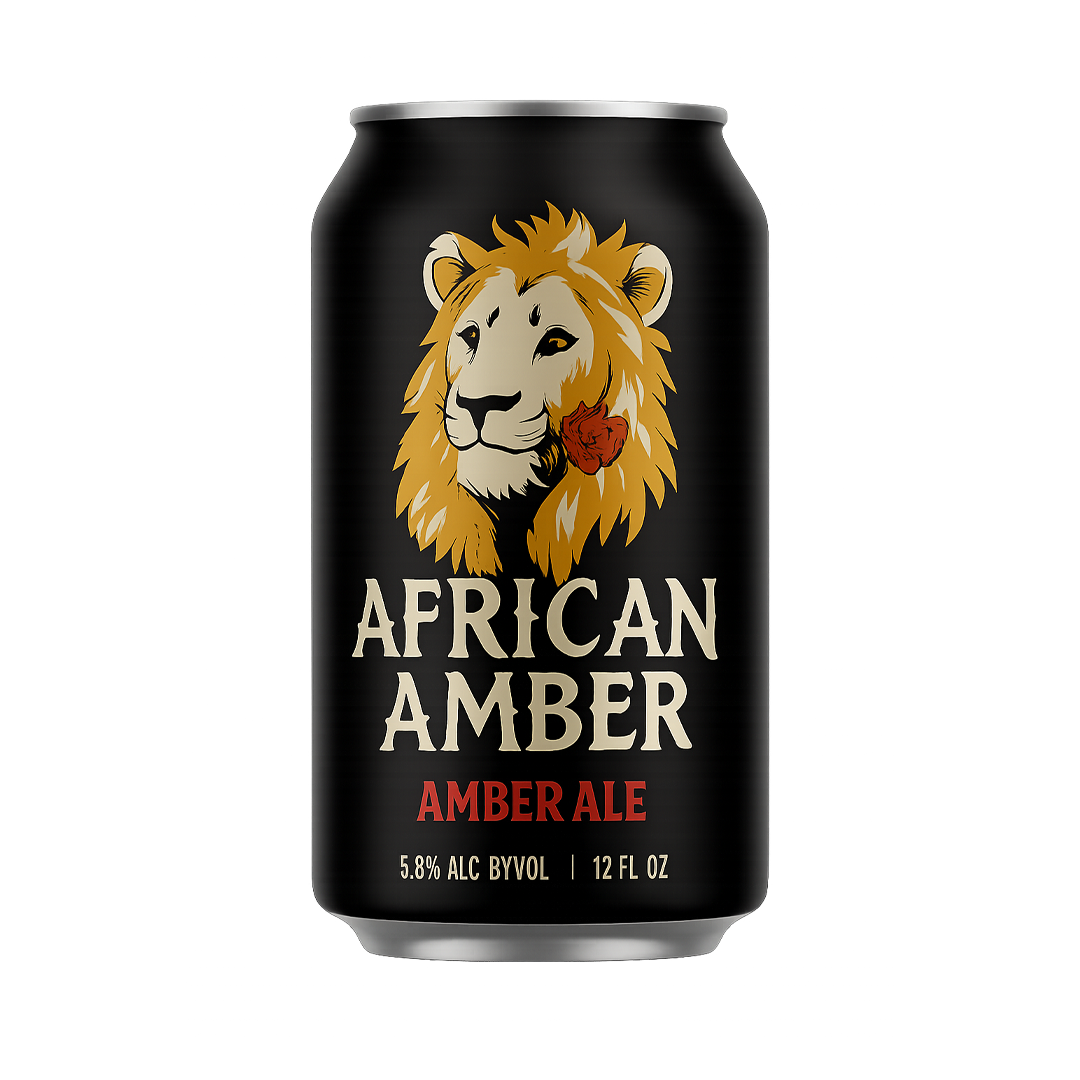 Black can of African Amber amber ale with lion logo.
