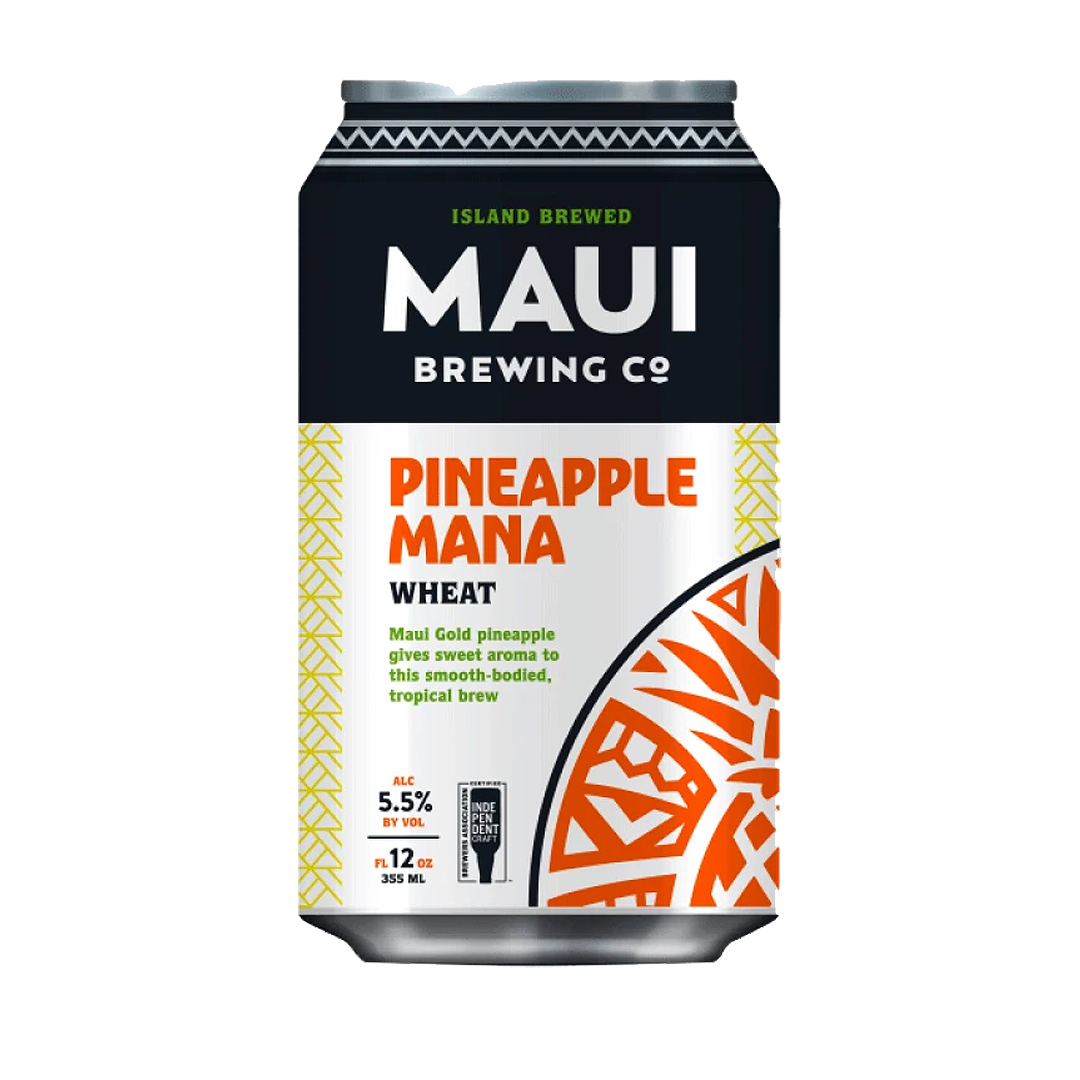 Maui Brewing Co. Pineapple Mana Wheat beer can, orange and white label, 5.5% ABV, 12 oz.