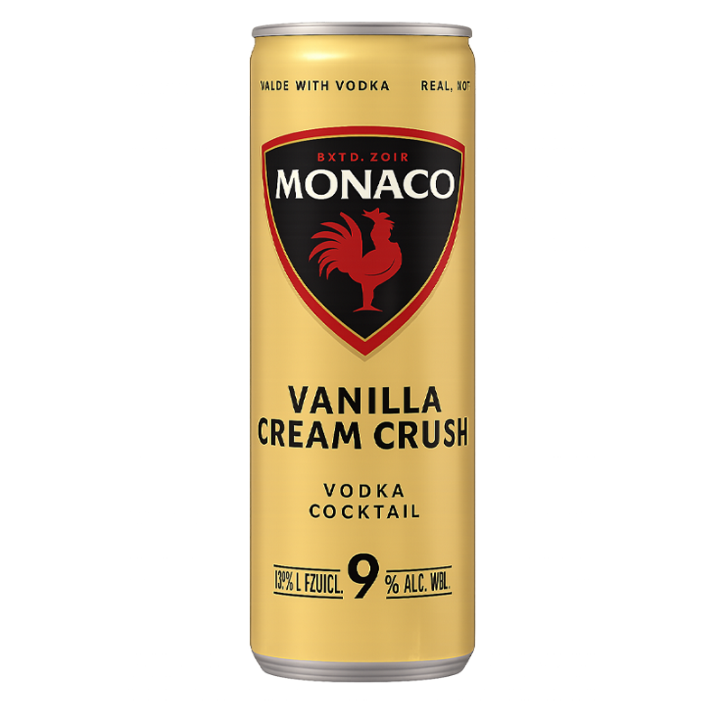 Monaco Vanilla Cream Crush vodka cocktail can, gold with red logo, rooster, and text.