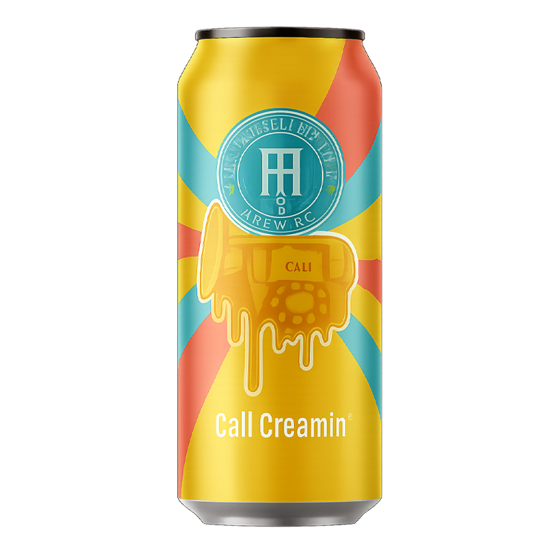 Beer can with a yellow background, a melting telephone illustration, and the text 
